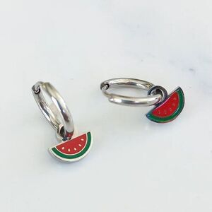 Watermelon Charm Huggie Hoop Earrings in Silver